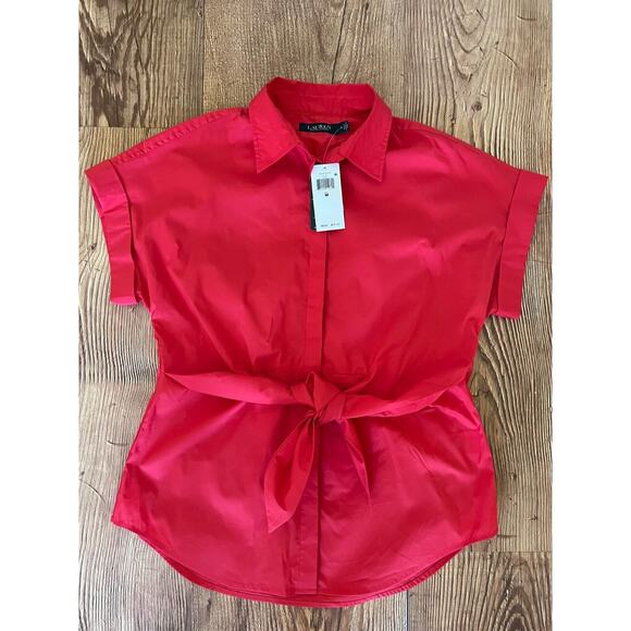 Lauren Ralph Lauren Deep Red Cotton Tie Front Shirt 200747474002 Size M NWT - Picture 11 of 16